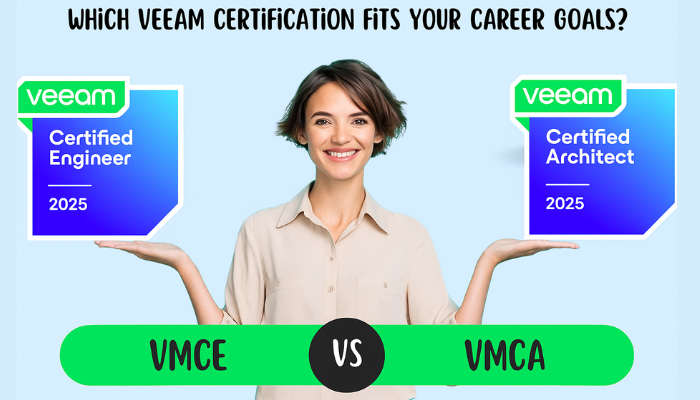 A woman smiling and holding two badges representing Veeam certifications. On her left, a badge reads 'Veeam Certified Engineer 2024 (VMCE)' and on her right, a badge reads 'Veeam Certified Architect 2024 (VMCA)'. Below her, a comparison is displayed with 'VMCE vs VMCA' written in the middle. The text above asks, 'Which Veeam Certification Fits Your Career Goals?