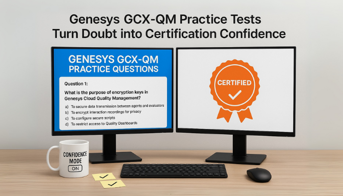 A modern tech workspace features dual monitors—one displaying a Genesys Cloud CX Quality Management (GCX-QM) practice question about encryption keys, the other showing a “CERTIFIED” badge. A coffee mug labeled “Confidence Mode ON” and sticky notes with checkmarks sit on the desk, evoking focus and achievement.