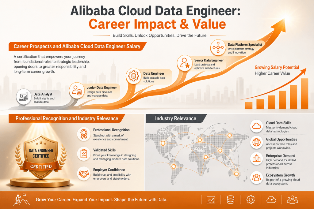 An infographic illustrating the career impact and value of the Alibaba Cloud Data Engineer certification, showcasing career prospects, salary potential, and its professional recognition in the industry.