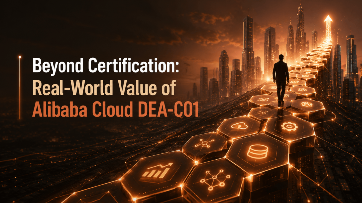 An abstract 3D render depicts a person’s silhouette ascending a glowing path made of data nodes towards a futuristic city, symbolizing career growth and the real-world value of the Alibaba Cloud DEA-C01.