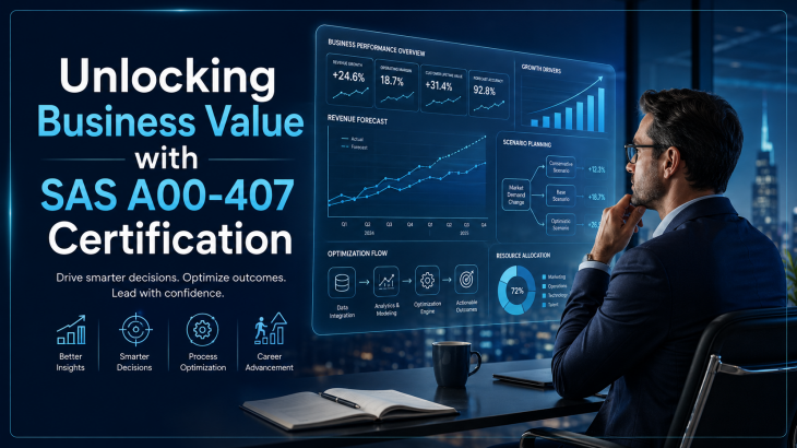 A business executive reviewing SAS Viya forecasting and optimization data on a holographic dashboard, representing the strategic value of SAS A00-407 certification in driving business decisions.