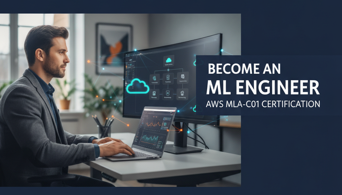 Real machine learning engineer at a desk with an ML training dashboard and cloud pipeline, preparing for the AWS MLA-C01 certification