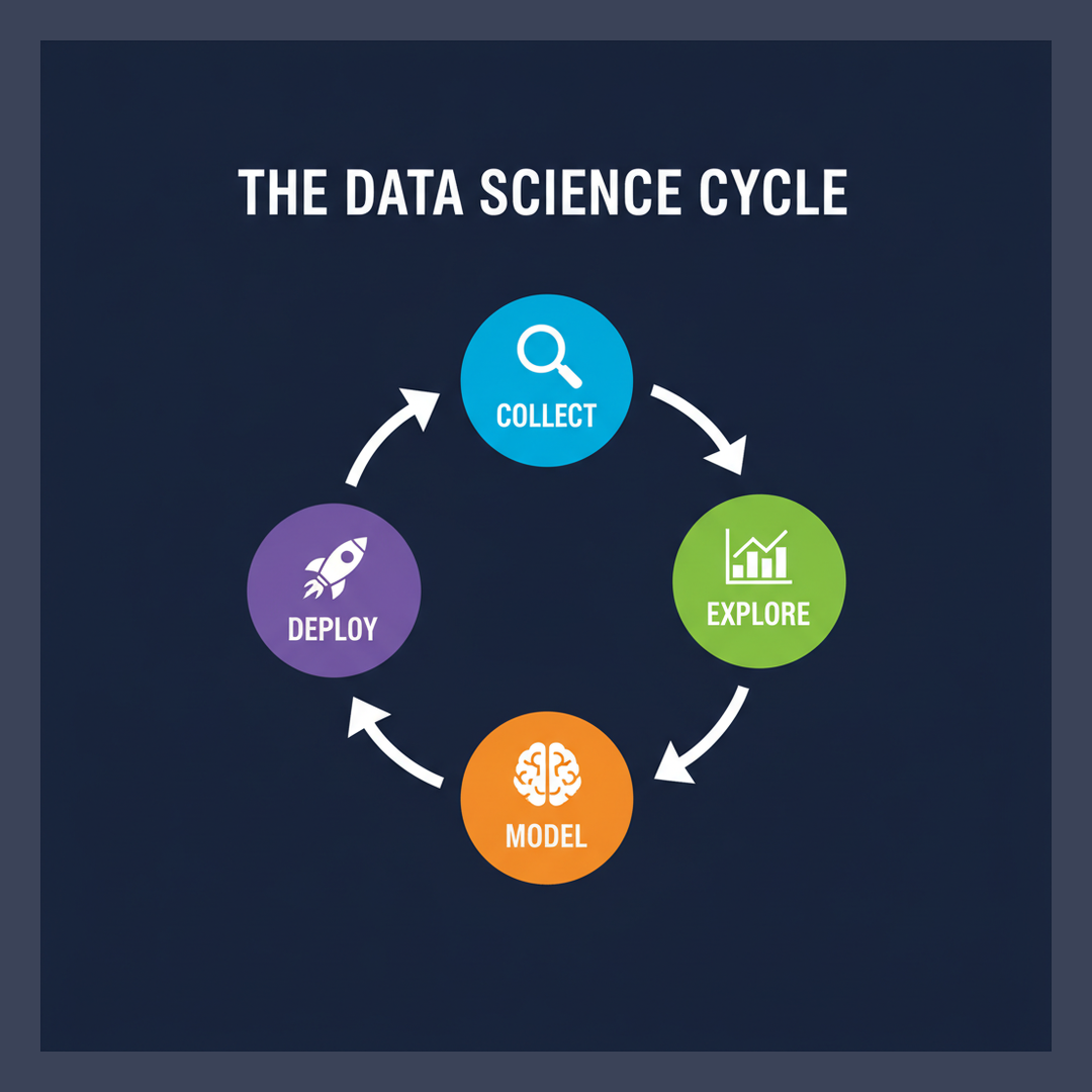 Infographic: the data science cycle - collect, explore, model, deploy