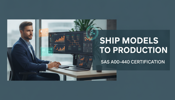 Real data scientist reviewing model dashboards and a deployment pipeline, preparing for the SAS A00-440 ModelOps certification