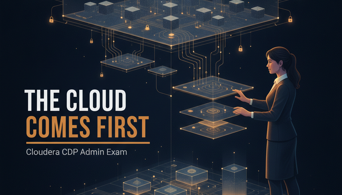 Cloudera CDP-5001 public cloud administrator exam banner showing an administrator managing a cloud data platform environment