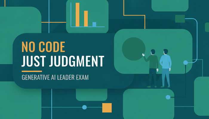 Google GCP-GAIL Generative AI Leader certification banner showing a business audience reviewing generative AI options rather than writing code