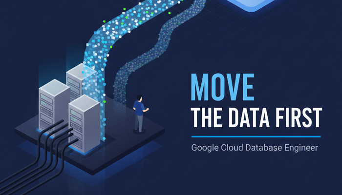 Google Cloud database engineer certification banner showing data streaming from on premises racks up to cloud databases
