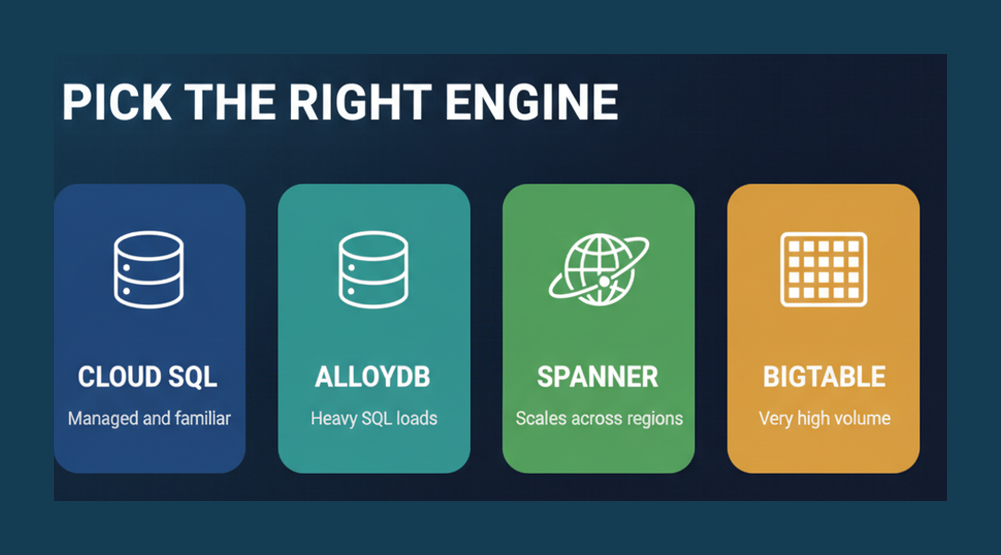 Google Cloud database selection cards comparing Cloud SQL, AlloyDB, Spanner and Bigtable by workload shape
