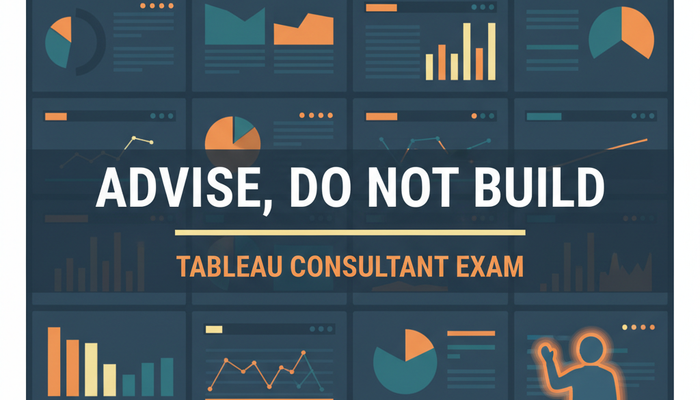 Tableau Analytics-Con-301 consultant exam banner showing an advisor reviewing dashboard designs on a whiteboard