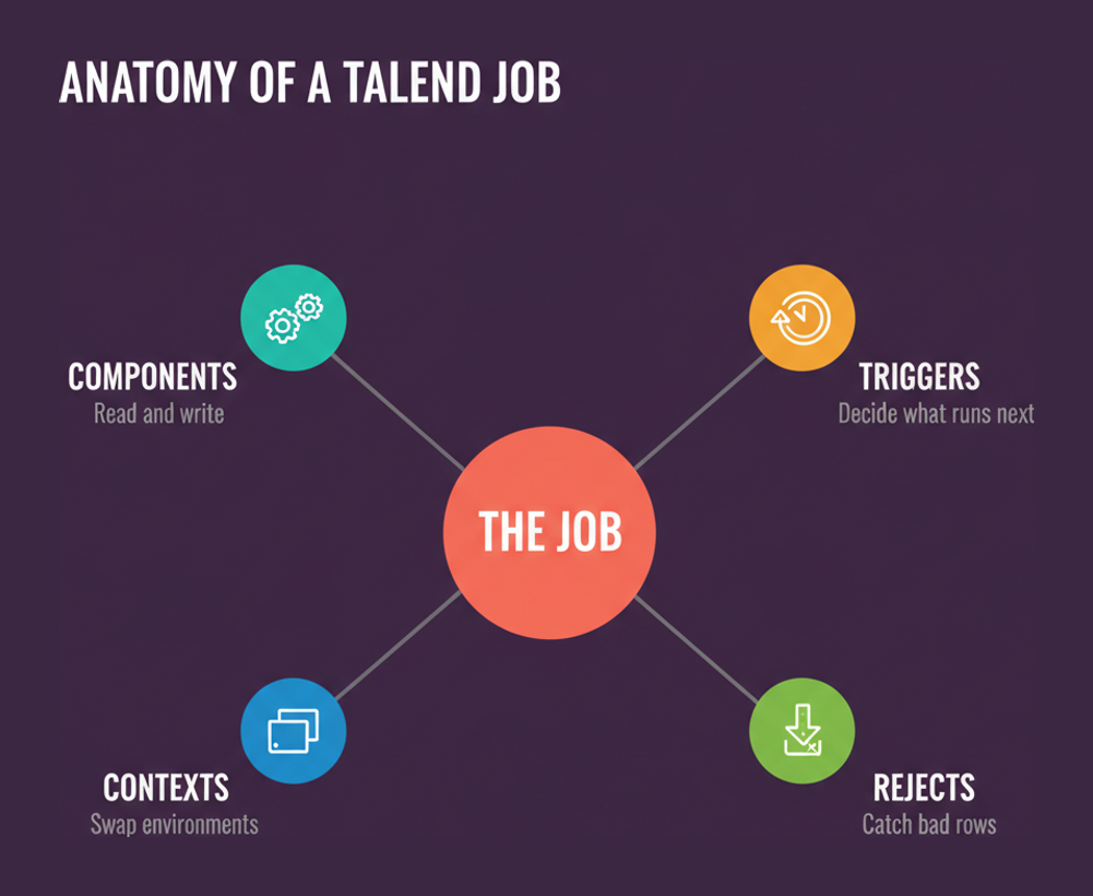 Anatomy of a Talend job showing components, contexts, triggers and rejects