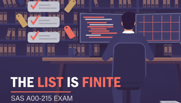 SAS A00-215 programming fundamentals exam banner showing a programmer reading a SAS log beside code and a data table