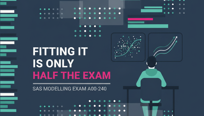 SAS regression and modeling certification banner showing an analyst comparing a fitted model curve against validation results