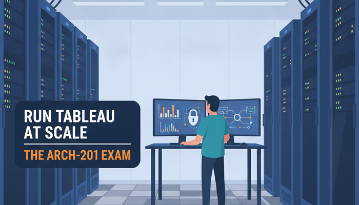 Tableau architect exam Analytics-Arch-201 banner showing a platform engineer at monitors in a data centre between server racks