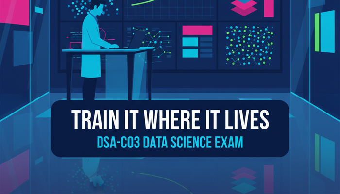 Snowflake data scientist certification DSA-C03 banner showing a data scientist at a standing desk before a wall of scatter plots and embedding clusters