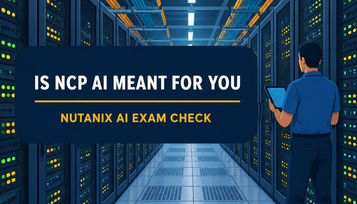 NCP-AI prerequisites banner showing an infrastructure engineer standing between rows of GPU server racks in a data hall