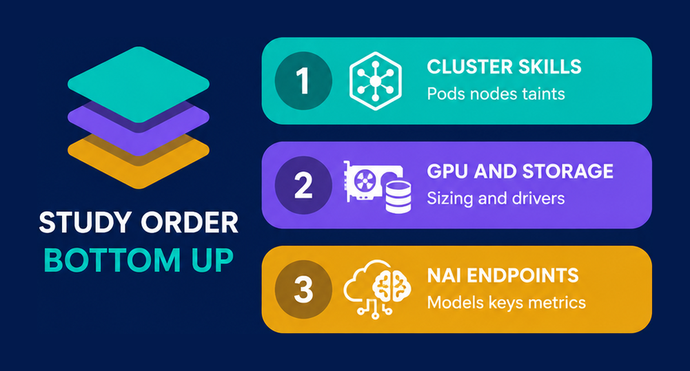 Bottom up study order for NCP-AI: cluster skills first, then GPU and storage sizing, then NAI endpoints