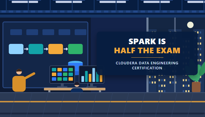Cloudera data engineering certification banner showing a data room with an engineer at two monitors and a headline plate reading Spark is half the exam