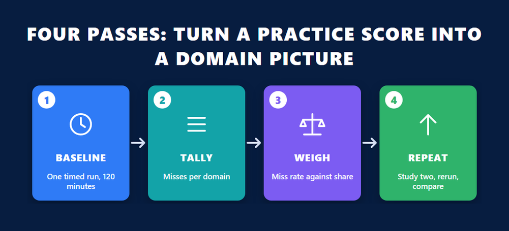 Four passes for reading a GCP data engineer practice exam by domain: baseline timed run, tally misses per domain, weigh the miss rate against the domain share, study two domains and repeat