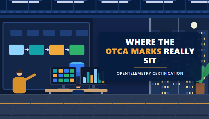 Engineers at a data operations desk preparing for the OpenTelemetry certification, the OTCA exam