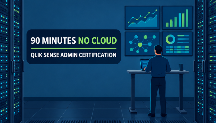 QSSA Qlik Sense administrator certification banner showing an administrator in a Windows server room facing a wall of monitoring screens